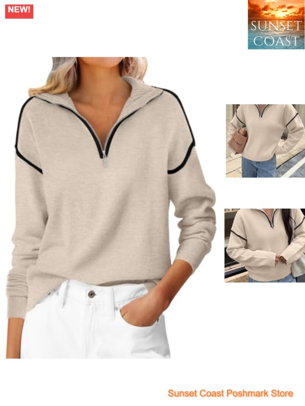 Women's Quarter Zip Pullover Sweater Loose Fit Knit V Neck Collared